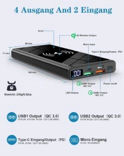 Batterie Portable Sans Fil Qi -Monde Electronique Batterie Externe Sans Fil Huawei sorties et entrees
