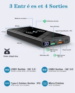 Batterie Externe Sans Fil PD 20W -Monde Electronique Batterie externe sans fil iPhone 11 plusieurs sorties
