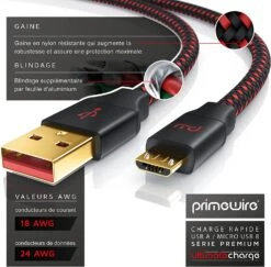 Câble Micro-USB De 5 Mètres 14 Câble Micro-USB De 5 Mètres -Monde Electronique Cable Micro USB de 5 metres serie premium