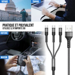 Câble USB-A Vers Multi USB 3 En 1 -Monde Electronique Cable Multi USB 3 en 1 utile