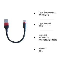 Câble USB Type-C De 10 Centimètres 6 Câble USB Type-C De 10 Centimètres -Monde Electronique Cable USB Type C de 10 centimetres caracteristiques