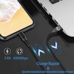Câble IPhone Nylon -Monde Electronique Cable iPhone Nylon charge rapide