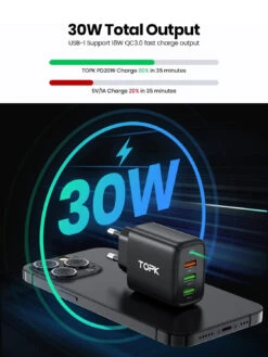 Chargeur USB Rapide 3 Ports -Monde Electronique Chargeur TOPK Rapide de 30 watts