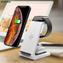 Chargeur Compatible Qi 8 Chargeur Compatible Qi -Monde Electronique Chargeur sans fil BONOLA Noir charge 3 en meme temps