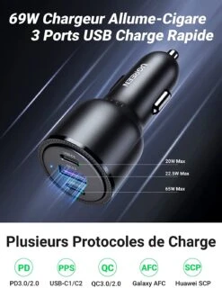 Ugreen 69W Chargeur Allume Cigare -Monde Electronique Ugreen 69 watts Chargeur Allume Cigare 3 ports USB