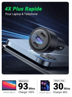 Ugreen 69W Chargeur Allume Cigare -Monde Electronique Ugreen 69 watts Chargeur Allume Cigare 4 fois plus rapide